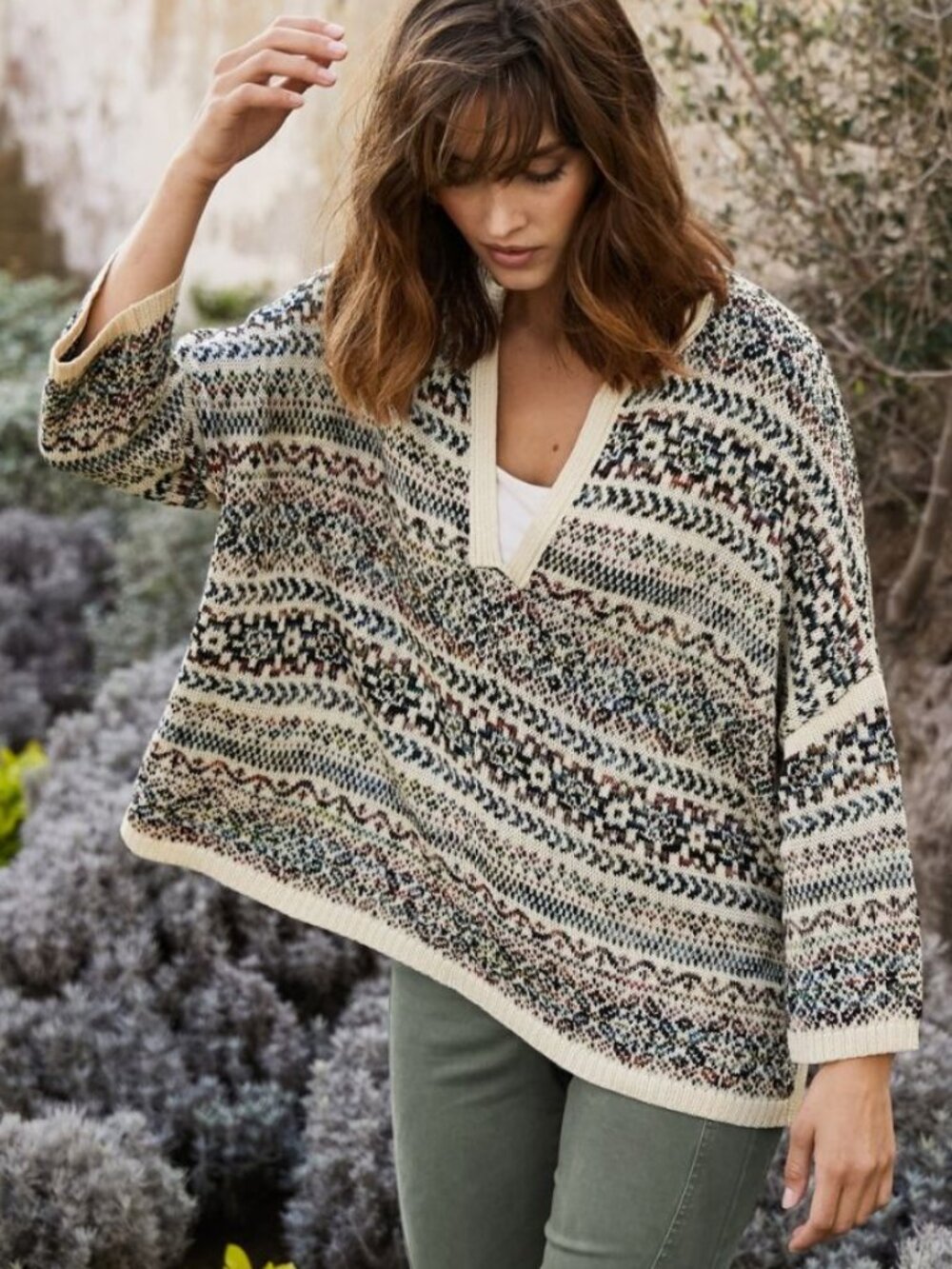 PERUVIAN CONNECTION Oversized Fair Isle Southwestern Boho Pullover Sweater XS/S